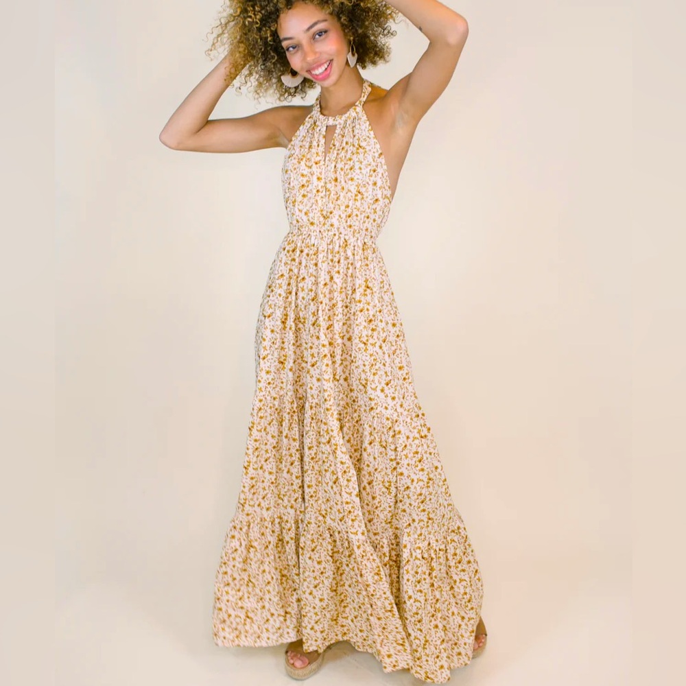 SOLAI Celine Halter Floral Maxi Dress in Cream Size M